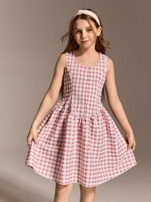 SHEIN Girls' French Style Sweet Pink Plaid Sleeveless Dress, Suitable For School, Gathering, Casual Wear, Spring/Summer - Red - View 1