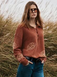 Florisole Women's Thick Jacquard Pattern Knitted Pullover Sweater With Button Decor, Casual Base Layer For Autumn/Winter - Camel - View 6