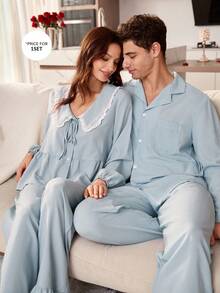 CoupledUp 情侣纯色翻领开衫睡衣套装 - 霧霾藍 - 查看 1