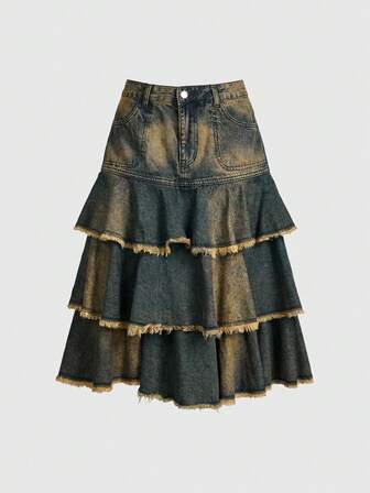 Grunge Punk Jupe mini en jean vintage à volants et franges avec poches, mode d'été pour femmes
