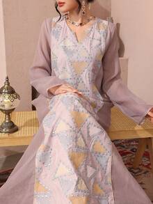 Al Najma 刺绣拼接薄纱面料，优雅派对礼服 - 粉色 - 查看 1