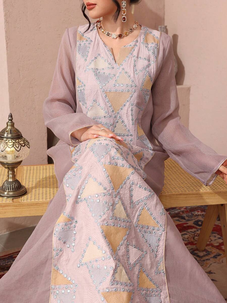 Al Najma 刺绣拼接薄纱面料，优雅派对礼服 - 粉色 - 查看 1