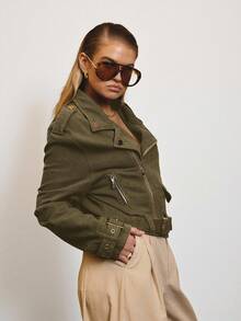 Aralina 冬夏两季短款牛仔机车夹克，饰有金色滚边细节 - 軍綠色 - 查看 4