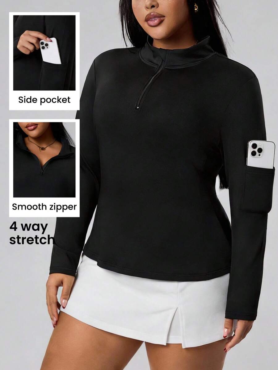 SHEIN Sports Plus Size Women's Casual Sports Solid Color Half-Zip Long Sleeve Sweatshirt - Black - View 1