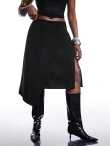 SHEIN EZwear 大码黑色不对称下摆半身裙 - 黑色 - 查看 5
