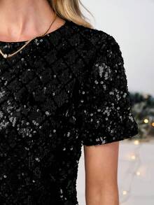 SHEIN Clasi 女士优雅亮片迷你连衣裙，闪亮夺目，适合派对、圣诞节、新年等场合 - 黑色 - 查看 4