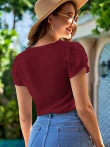 SHEIN Clasi Blusa Solta de Manga Curta com Gola V Elegante e Floral para Mulheres - Vinho - Visão 2