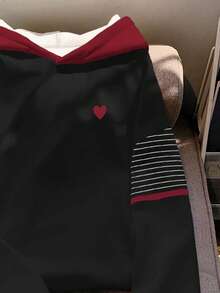SHEIN Women's Striped Heart Print Contrast Color Sweatshirt - Multicolor - View 3