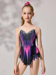 SHEIN 少女无袖印花体操服，舒适亲肤，修身设计防止走光，适合艺术体操、学校舞蹈比赛，四季皆宜。 - 藏蓝色 - 查看 1
