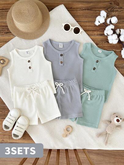 3 Sets Toddler Boys Casual Solid Color White Grey Green Waffle Knit Texture Sleeveless Henley Tank Tops Vest And Drawstring Shorts Pants Bottoms Soft Stretchy Two Piece Outfits Clothing Sets For Summer Beach Holiday Daily