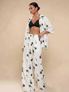 COSMINA 女士休闲宽松印花衬衫，适合日常通勤和度假穿着，春秋季款 - 白色 - 查看 4