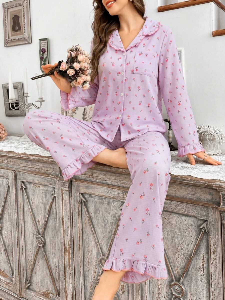 CottageSlumber Conjunto de pijama de cárdigan con cuello de volantes de burbujas florales y pantalones para mujer, ropa de otoño e invierno - Multicolor - Ver 1