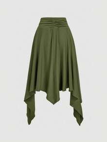 SHEIN MOD 女士休闲时尚波西米亚度假风纯色不对称下摆串珠抽绳褶皱高腰半身裙 - 軍綠色 - 查看 2