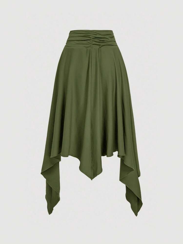 SHEIN MOD 女性用カジュアルファッションボヘミアンリゾートスタイル無地アシンメトリーヘムビーズ付きドローストリング ギャザー ハイウエストスカート - アーミーグリーン - 見る 2