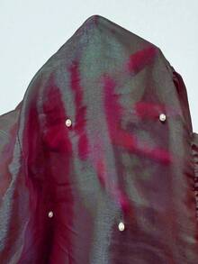 SHEIN CURVE+ Áo sơ mi nữ cỡ lớn màu trơn cổ buộc nơ đính ngọc trai giả, tay dài, kiểu dáng thanh lịch, tay phồng, áo đính ngọc trai, áo peplum, áo kiểu nữ. - Màu Đỏ Sâu - Xem 6