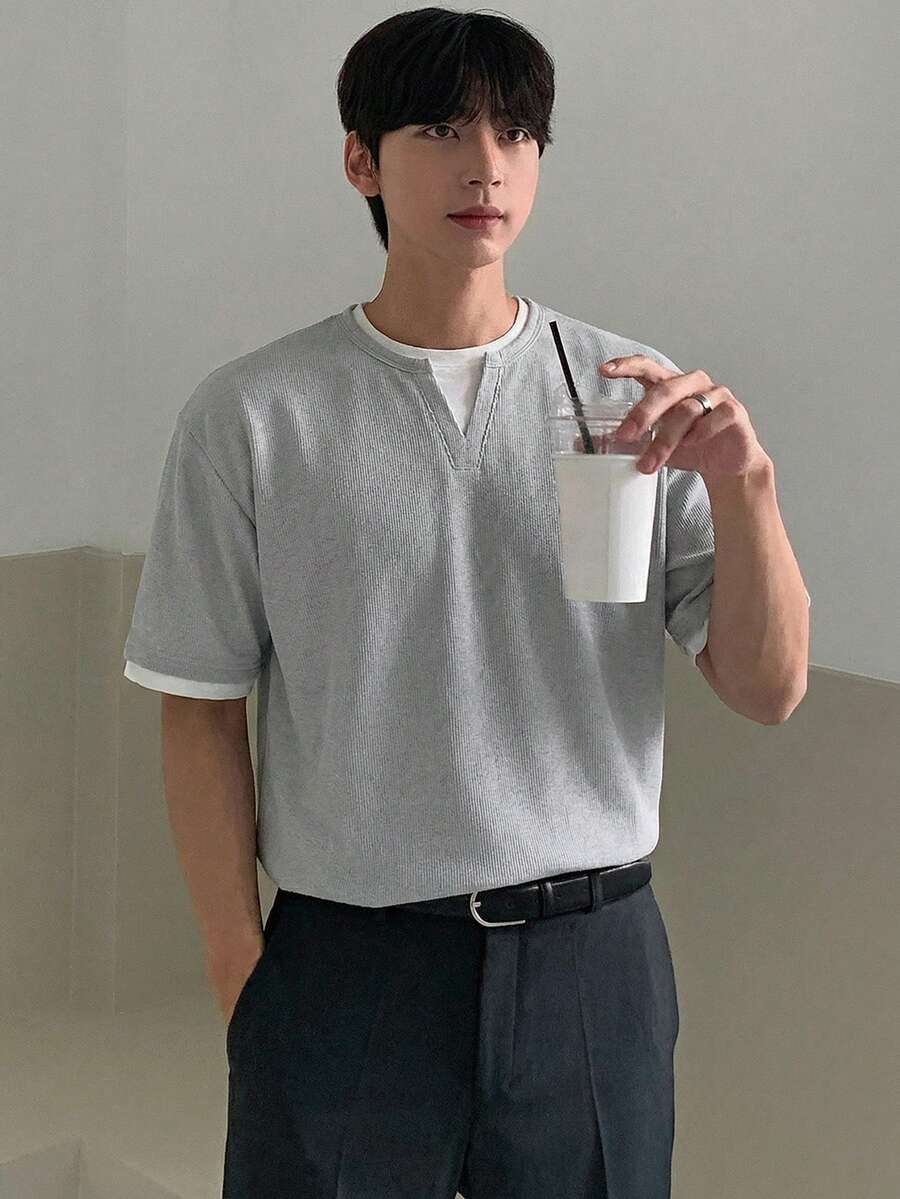 DAZY 男士夏季二合一设计灰色拼接白色领T恤 - 灰色 - 查看 1