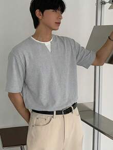 DAZY 男士夏季二合一设计灰色拼接白色领T恤 - 灰色 - 查看 3