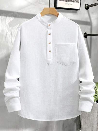 男士纯色立领长袖衬衫，半开襟纽扣前袋设计，穿着方便，百搭休闲