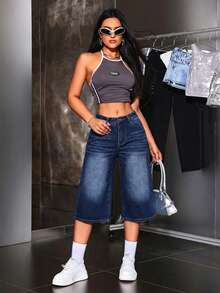 SHEIN ICON Quần jean nữ dáng rộng lửng 3/4, phong cách đường phố thường ngày, thích hợp cho việc đi lại hàng ngày vào mùa hè. - Rửa tối - Xem 4