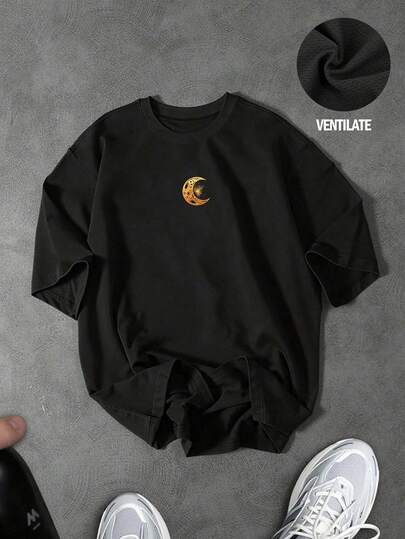 Sport MetroGents Men's Moon Print Loose Fit Round Neck Short Sleeve Sports T-Shirt