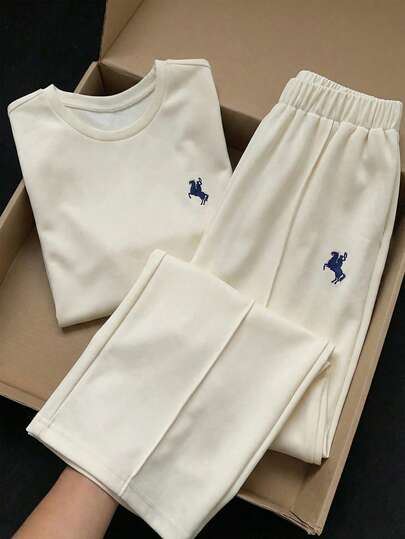 SHEIN 2-delat sportset för flickor, löst broderad kortärmad topp + långbyxor, mångsidigt för vardags-, hem- och skolkläder