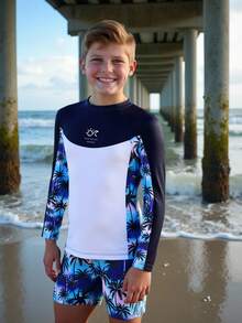 SHEIN Boys' Printed 2 Pieces Casual Vacation Pattern Long Sleeve Swimsuit And Swim Trunks