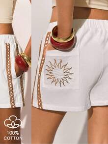 Poéselle Women's Casual Loose Shorts With Sun Embroidery And Pockets - White - View 8