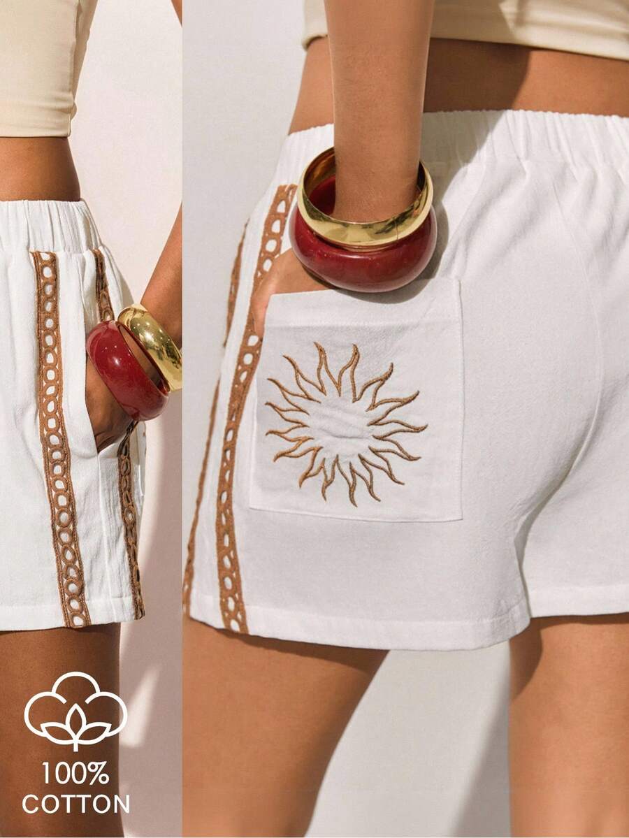 Poéselle 女士休闲宽松短裤，饰有太阳刺绣和口袋 - 白色 - 查看 1