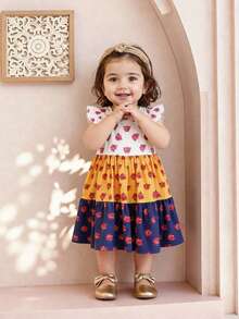 SHEIN Baby Girl Knitted Contrast Color Round Neck Ruffle Hem Snug Fit Dress - Multicolor - View 3