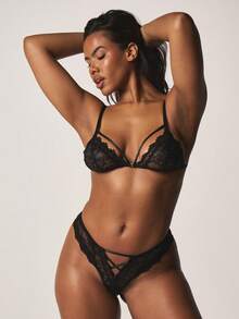 MISSGUIDED Lace Bralette And Panty Set With Strappy Cut Out Details Eyelash Lace Trim Support Intimate Lingerie - Black - View 4