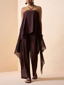 Zivah 2026 Spring/Summer New Music Festival, Easter, St. Patrick's Day, Valentine's Day, Date, Western, Nomadic, Birthday Party, Graduation, College, Student, Daily Wear, Basic Versatile, Casual, Vacation, Cruise Travel, Beach, Sunbathing, Viral , Streetwear, Wedding Guest Boho, Commute, Brunch, Airport, Party, Holiday Outing, Office Wear Chiffon Sleeveless Ruffle Hem Top And Pants Brown Suit - Brown - View 1