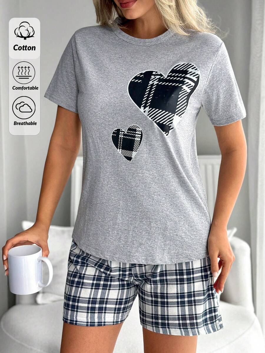 EURMUSE 棉质两件套格子印花短袖衬衫和格子印花短裤家居服套装 - 淺灰色 - 查看 1