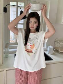 Dazy Plus 大码女式可爱卡通印花短袖上衣和格子宽松睡裤套装，春夏休闲睡衣 - 紅色 - 查看 2