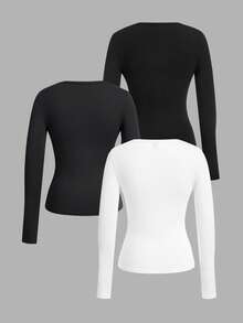 SHEIN EZwear 3 buc Tricouri versatile casual pentru femei, mărime plus, culoare solidă, cu decolteu în V, mânecă lungă - Alb-negru - Vizualizare 2