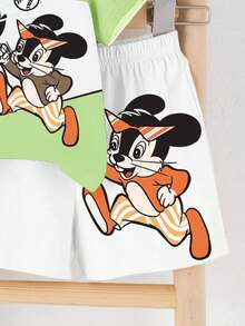 Bộ đồ 2 món cho bé trai, gồm áo thun cổ tròn tay ngắn và quần short họa tiết hoạt hình, thích hợp cho mùa hè. - Nhiều màu - Xem 4