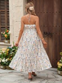 SHEIN Maternity Floral Print Halter Backless Casual Sleeveless Dress - Multicolor - View 2