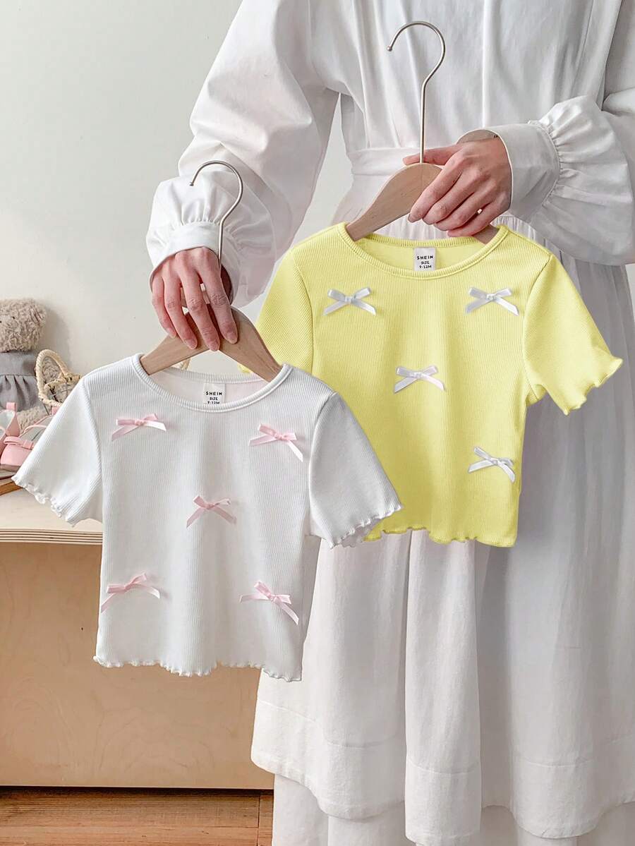 SHEIN LMoss Kids 2pcs/Set Baby Girl Cute Bow Knit Short Sleeve Top, Versatile Summer For Cute Tops Baby Tops Baby Tees Baby Doll Shirts Baby T Shirts - White - View 1