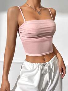 SHEIN EZwear 夏季粉色撞色网纱露脐上衣 - 粉色 - 查看 5