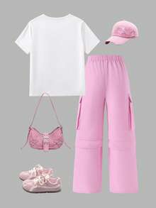 SHEIN ChillGRL Bộ 2 món cho bé gái tuổi teen: Áo tay ngắn thêu nơ dễ thương kiểu đường phố và quần cargo nhiều túi. - Hồng - Xem 2