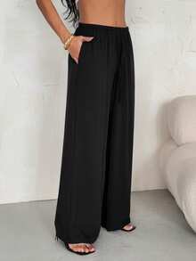 SHEIN PETITE Women's Linen Low-Waist Straight-Leg Casual Pants, Suitable For Vacation Wear, Spring/Summer - Black - View 5