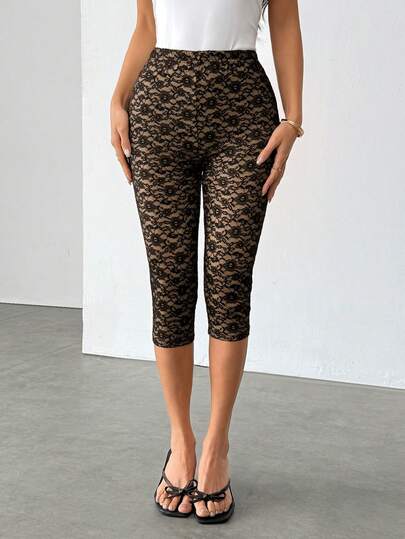 SHEIN PETITE Women's Simple, Elegant, Romantic, Suitable For Dates, Everyday Casual Wear. Black Lace Leggings With Nude Lining, Mid-Waisted, Slim-Fitting, 7/8 Length. New Spring/Summer Women's Leggings, Perfect For Vacations, Music Festivals, Stylish And Versatile, Simple Design.