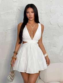 SHEIN PETITE White Chiffon V-Neck Backless Tie Strap Mini Dress, White Dress, Graduation Dress, Vacation Dress, Spring/Summer - White - View 4