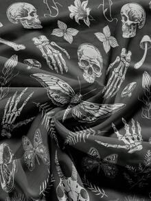 ROMWE Goth Áo khoác cardigan gợi cảm cỡ lớn dành cho nữ, họa tiết rừng tối bí ẩn, đầu lâu, nấm, bướm đêm và lá cây. - màu đen - Xem 6