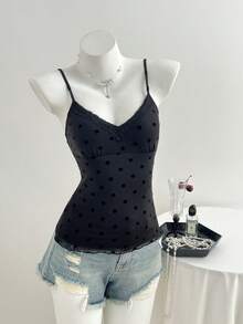 Elamini 女士休闲黑色植绒波点性感V领蕾丝边拼接吊带背心，夏季 - 黑色 - 查看 4