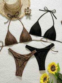 Swim Vcay New Geometric Print High Cut Strappy Halter 3pcs Bikini Set For Summer Beach Vacation - Multicolor - View 1