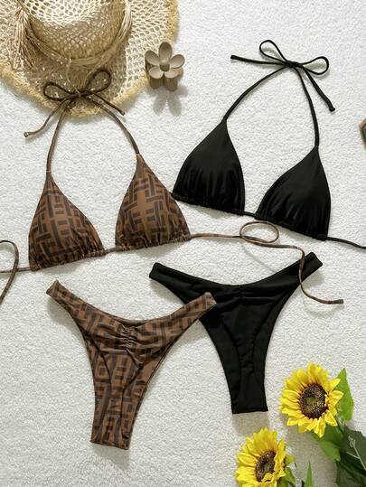 Swim Vcay Nuevo conjunto de bikini de 3 piezas con estampado geométrico, corte alto y tirantes en el cuello