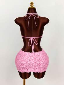 Amplova Romantic Boho Vacation New Textured Fabric Triangle Cup Bralette Top & Low Waist Mini Skirt Women 2-Piece Set Short Skirt Two Piece Set 2 Piece Sets Woman Lace Two Piece Set Bikini Skirt Set - Pink - View 10