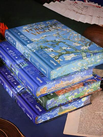 1 pieza Cuaderno en blanco con tapa dura A5 con diseño de bordes pintados al estilo de Van Gogh, cubierta artística gruesa sin líneas para escribir y dibujar, regalo para estudiantes, útiles escolares