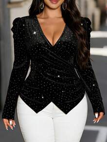 EMERY ROSE 加大码黑色天鹅绒水钻装饰不规则V领长袖T恤 - 黑色 - 查看 1