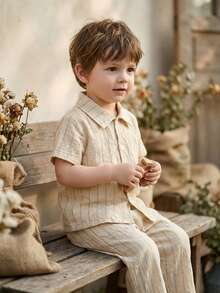 Vintaside Kids Baby Boy/Girl 2pcs Set,Beige,Summer,Space Theme,Family Matching,Textured Vertical Stripe Shirt Polo Collar Short Sleeve Top+Elastic Waist Pants Wear - White - View 1